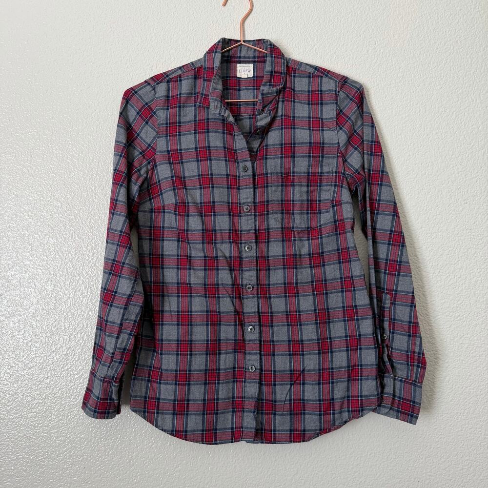 J Crew Factory The Perfect Shirt flannel tartan plaid button up Gray Red Blue